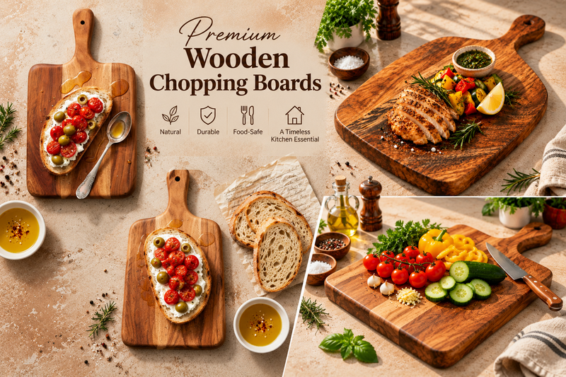 Premium wooden chopping boards with fresh vegetables, bread, herbs, and kitchen ingredients on a rustic countertop.
