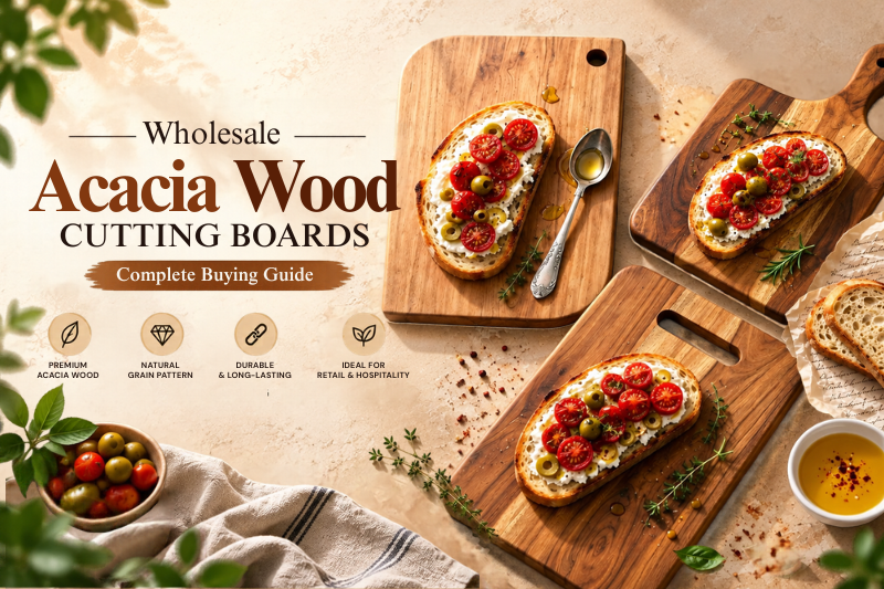 Wholesale acacia wood cutting boards displayed with food for a complete buying guide