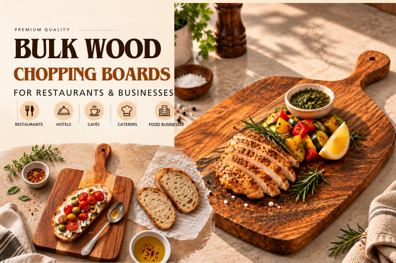 Bulk wood chopping boards for restaurants and businesses, featuring wooden boards with grilled chicken, vegetables, bruschetta, bread, and herbs.