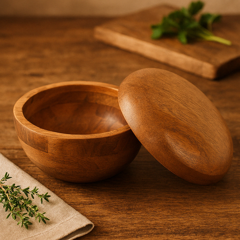 Sandcolour handcrafted premium solid wood casserole with lid for keeping rotis warm