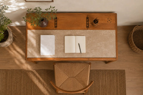 Joey Beech Wood Desk – White Leatherite