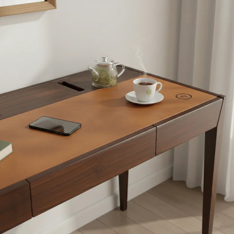 Joey Walnut Wood Desk – Brown Leatherite