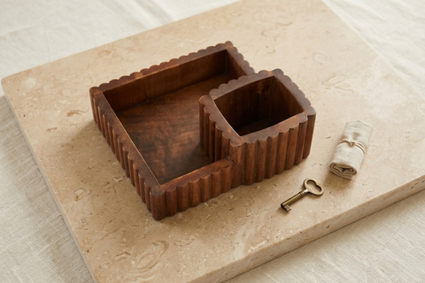 14.8" Acacia Tray & Fluted Cutlery Stand (Combo, Set of 2)