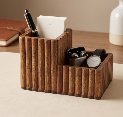 Handcrafted Fluted Mango Wood Cutlery & Spice Stand - Honey Finish