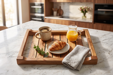 Natural Acacia Wood Serving Tray Set - Medium & Small (Combo, Set of 2)