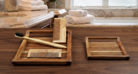 Neem Wood Grooming Kit Natural Acacia Wood Serving Tray Set - Medium & Small (Combo, Set of 5)
