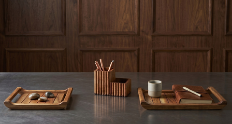 Fluted Cutlery Stand Natural Acacia Wood Serving Tray Set - Medium & Small (Combo, Set of 3)