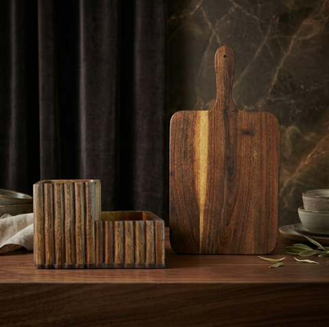 Helios Acacia Board & Fluted Cutlery Stand (Combo, Set of 2)
