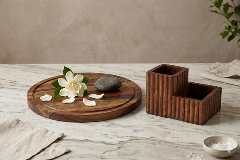 Round Acacia Chronos Board & Fluted Cutlery Stand (Combo, Set of 2)