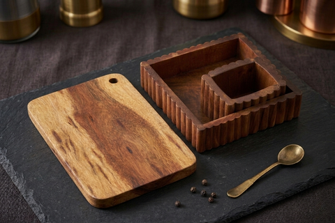 Acacia Chopping Board & Fluted Cutlery Stand (Combo, Set of 2)