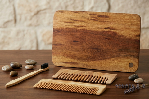 Acacia Chopping Board & Neem Grooming Kit (Combo, Set of 4)