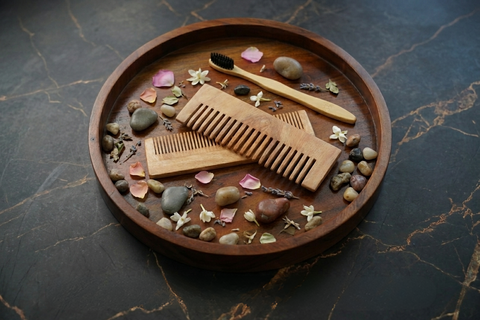 14.8" Acacia Tray & Neem Grooming Kit (Combo, Set of 4)