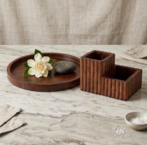 14.8" Acacia Tray & Fluted Cutlery Stand (Combo, Set of 2)