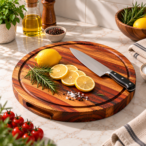 Solid Acacia Wood Round Chronos Block Chopping Board & Platter - 15"