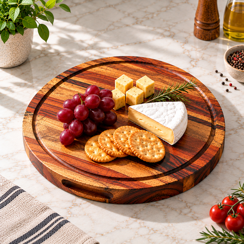 Solid Acacia Wood Round Chronos Block Chopping Board & Platter - 15"