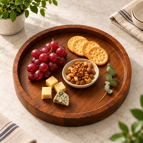 14.8" Solid Acacia Wood Round Serving Tray - Natural Finish