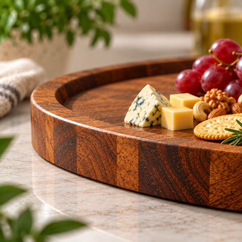 14.8" Solid Acacia Wood Round Serving Tray - Natural Finish