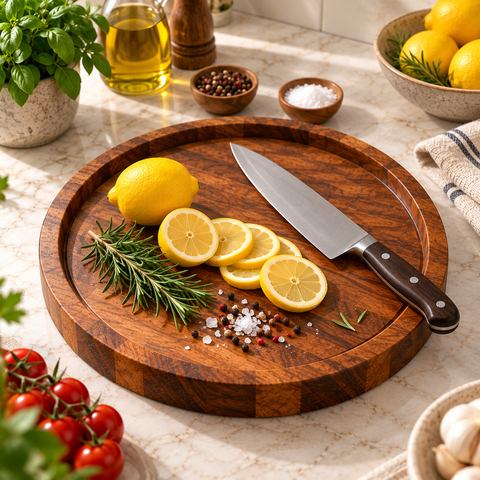 14.8" Solid Acacia Wood Round Serving Tray - Natural Finish