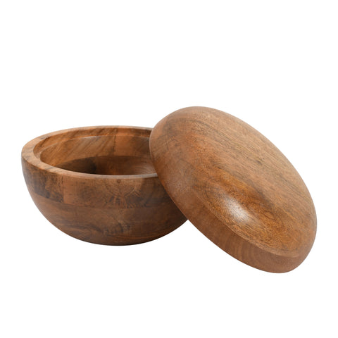 Wooden bowl with lid on a white background