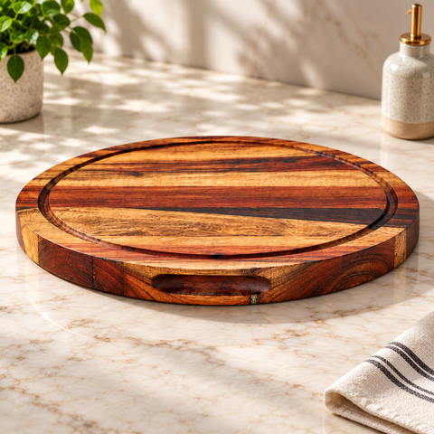 Solid Acacia Wood Round Chronos Block Chopping Board & Platter - 15"