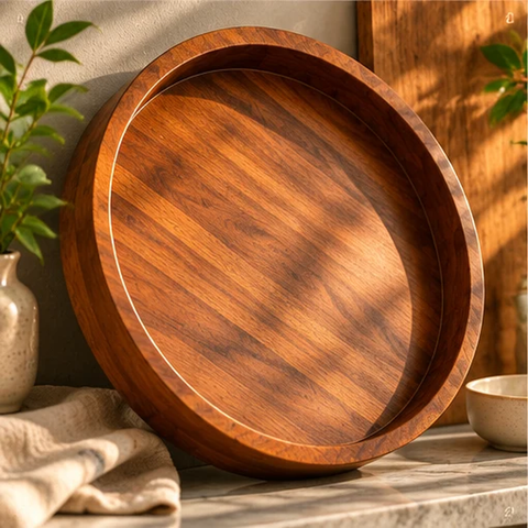 14.8" Solid Acacia Wood Round Serving Tray - Natural Finish