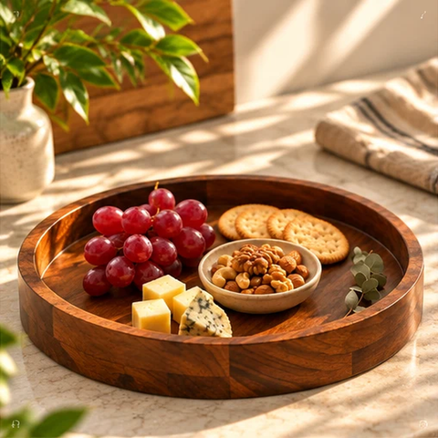 14.8" Solid Acacia Wood Round Serving Tray - Natural Finish